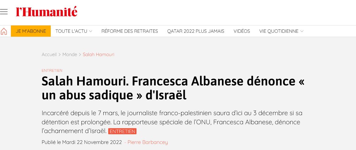 Salah Hamouri. Francesca Albanese dénonce « un abus sadique » d'Israël | L'Humanité {HTML}