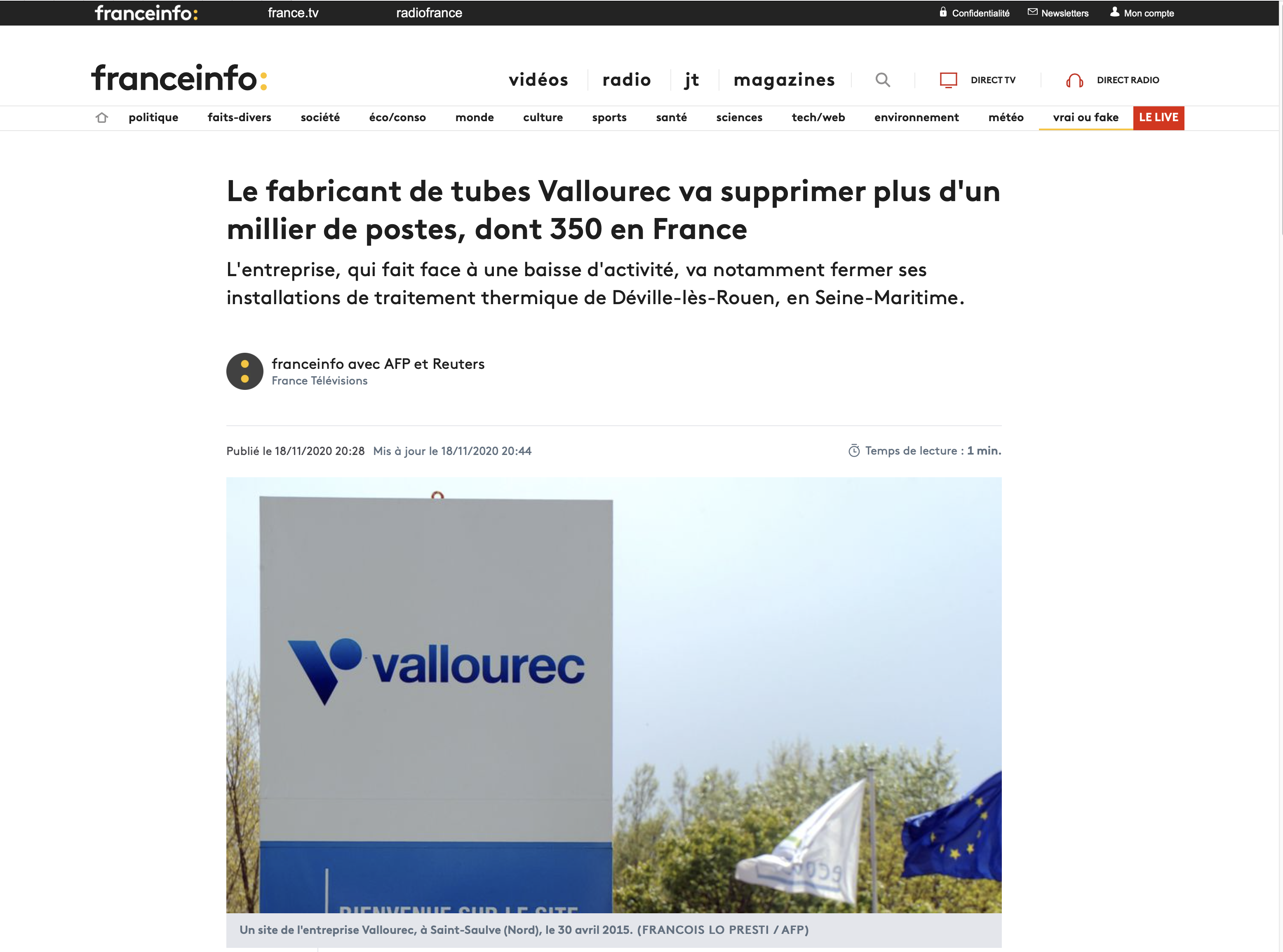 Le fabricant de tubes Vallourec va supprimer plus d'un millier de postes, dont 350 en France {HTML}