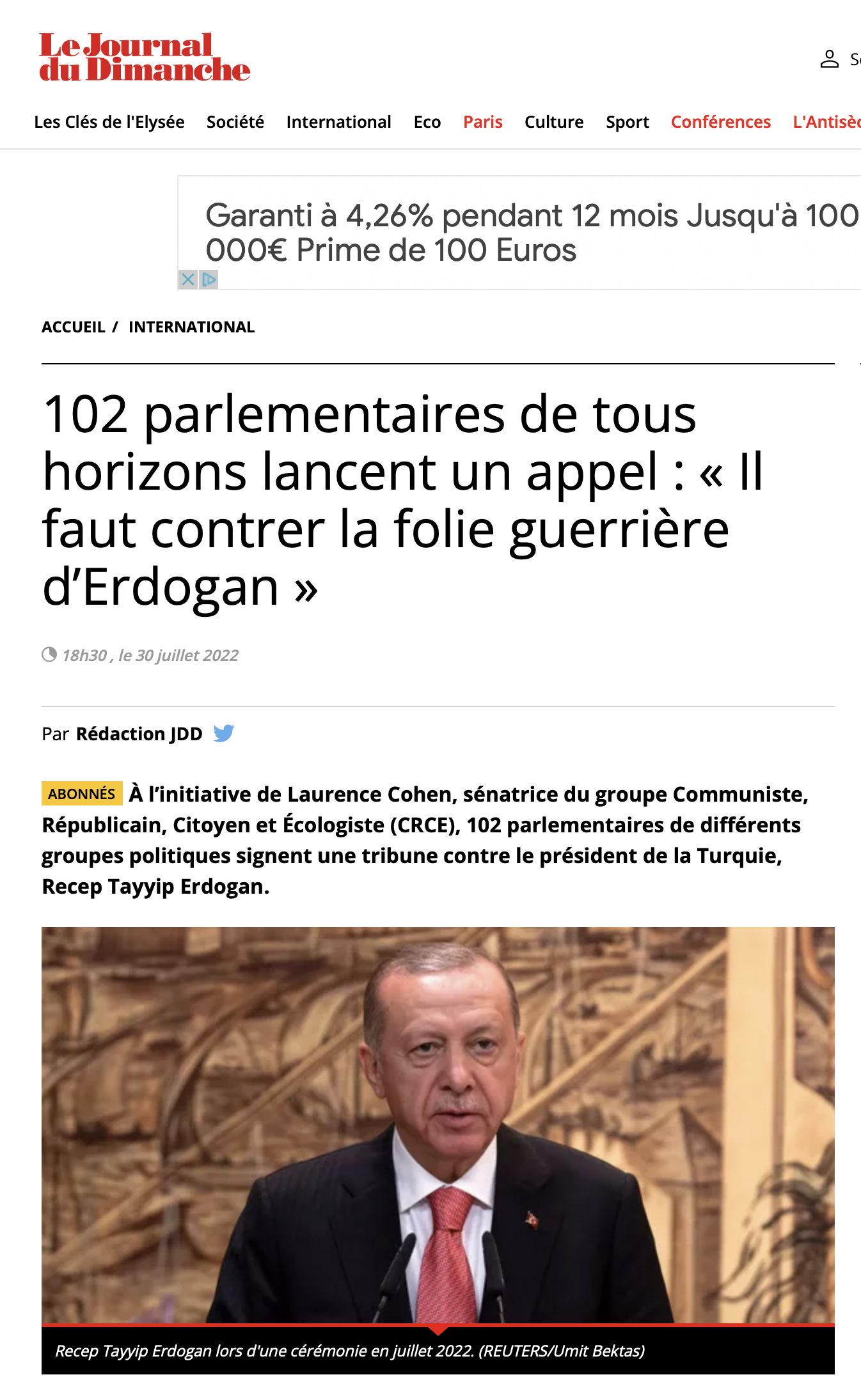 102 parlementaires de tous horizons lancent un appel : « Il faut contrer la folie guerrière d'Erdogan » {HTML}