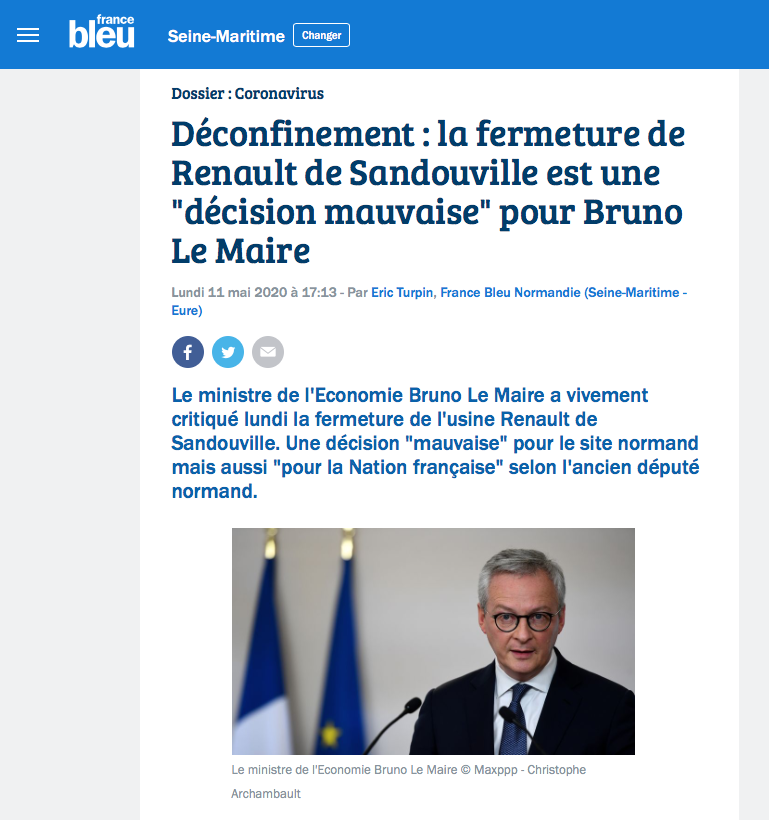 Déconfinement : la fermeture de Renault de Sandouville est une "décision mauvaise" pour Bruno Le Maire {HTML}