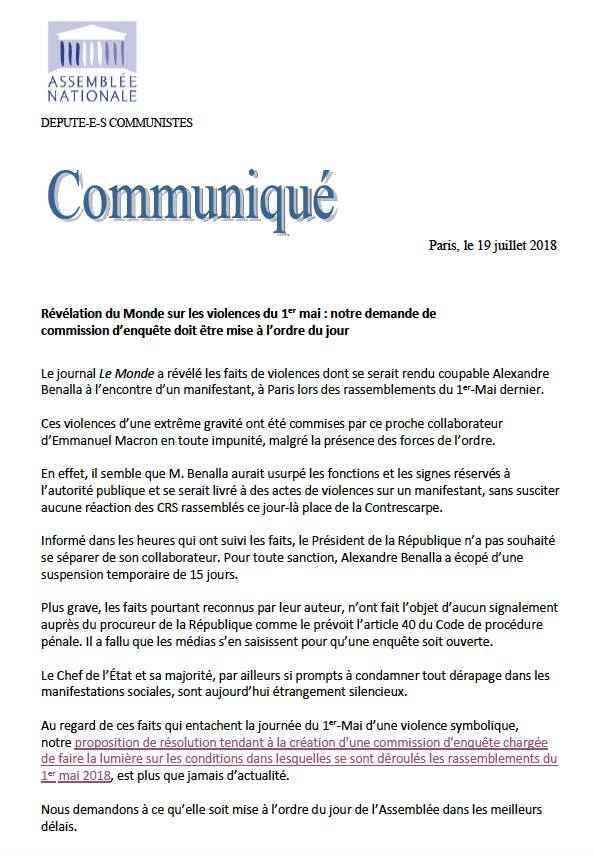 Communiqué du groupe de la Gauche Démocrate et Républicaine, 19 juillet 2018